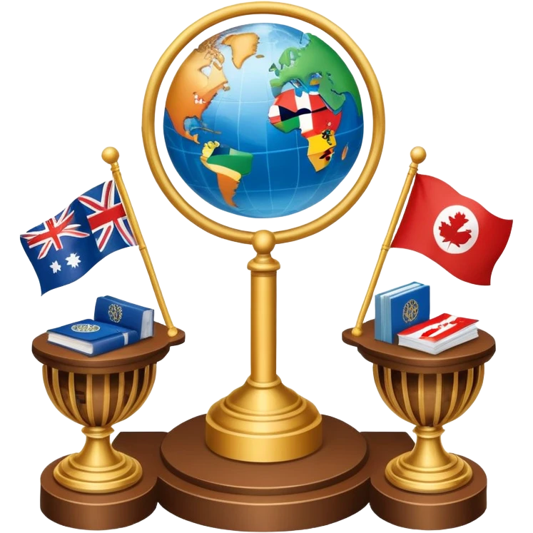 icon featuring podium with a speaker, national flags, and voting ballots, symbolizing political science. The design includes a globe and scales of justice in the background, representing governance, global affairs, and political theory. Transparent background emphasizes civic engagement and policy. emoji