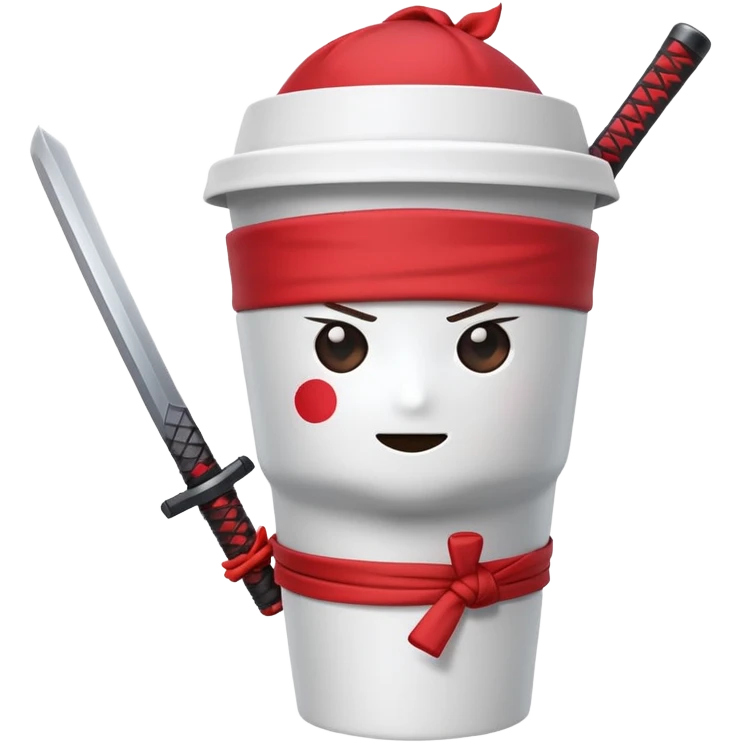 A disposable coffee cup character with a face, wearing a red ninja headband tied around the top and gripping a katana sword emoji