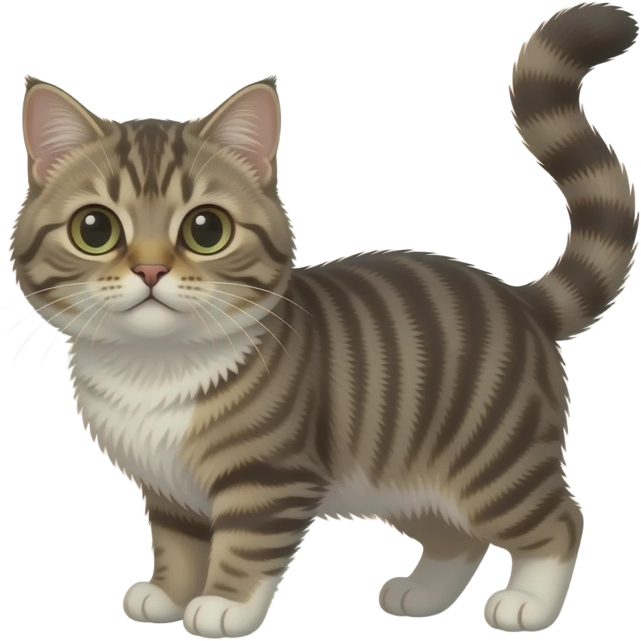 Fuzzy Scottish-Fold-Skookum-Kinkalow-Munchkin-Cat-hybrid with a long thin tufted tapered tail and tufted ears emoji