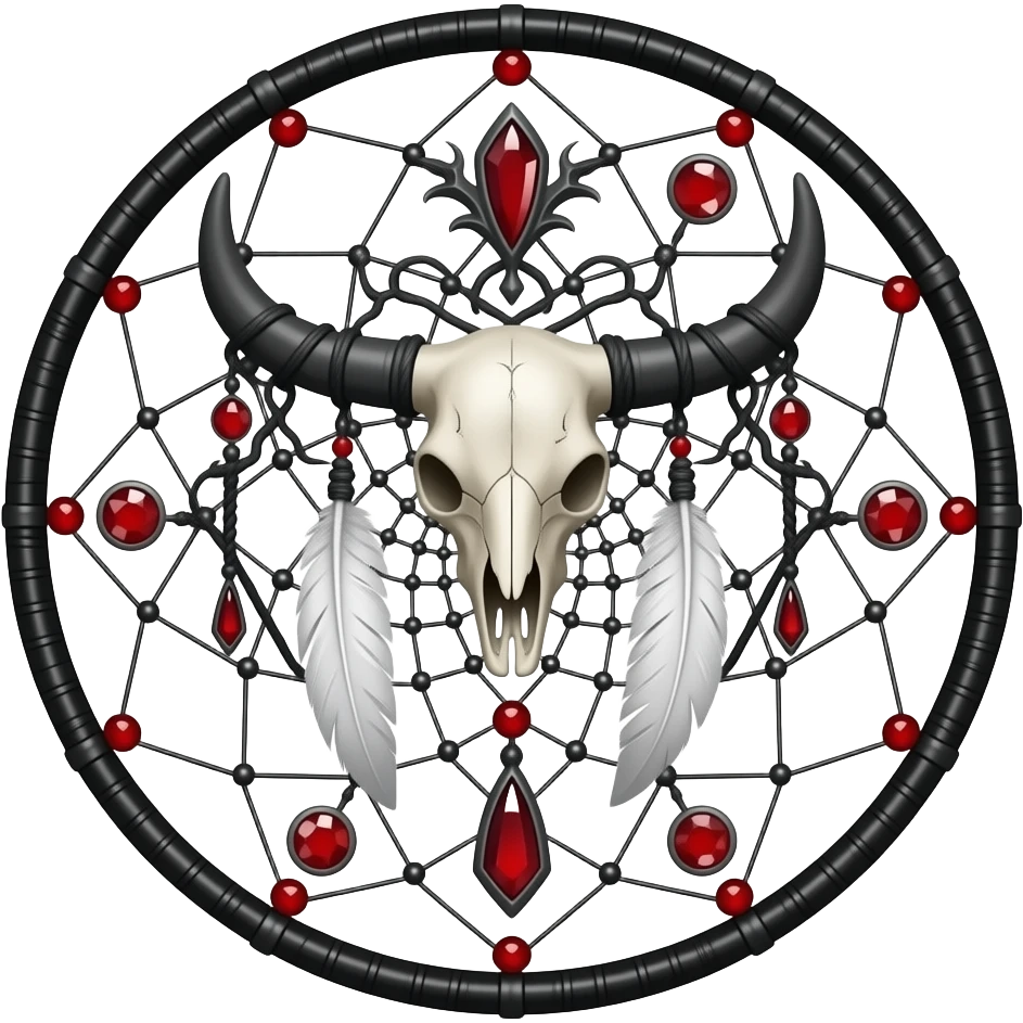 Blood-red, bloody, obsidian-black, edgy, dream catcher, red gemstones, black wire, black threads, animal skull, white feathers, badass, evil, gorgeous aesthetic, gothic decoration emoji