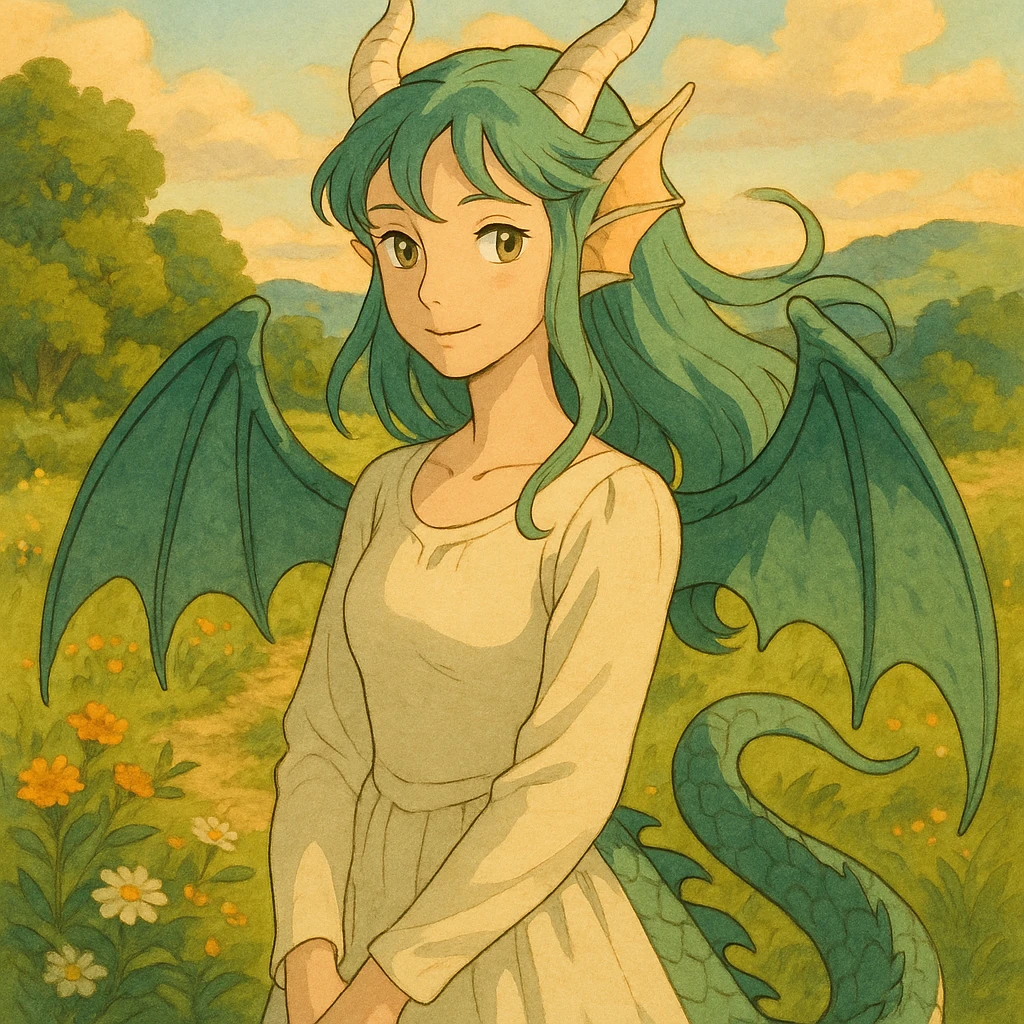 dragon girl, elegant, ghibli-inspired, soft lighting, gentle smile emoji