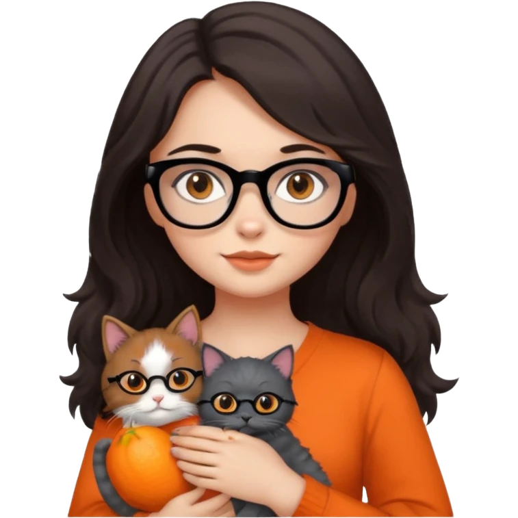 girl with dark brown hair, medium length to her chest, slightly wavy, the girl has black glasses and black eyes, she’s holding a grey fluffy cat with bright orange eyes  emoji