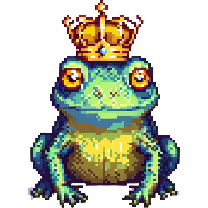 pixel art crowned frog, with a golden crown and big eyes emoji