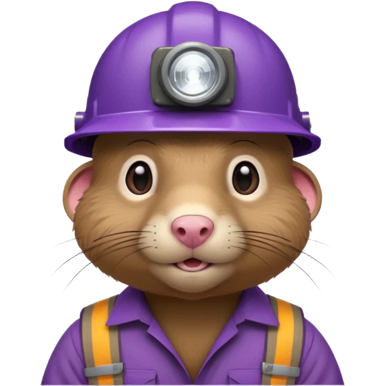 a mole rat, headlamp, BROWN worker cloth, purple helmet,  emoji