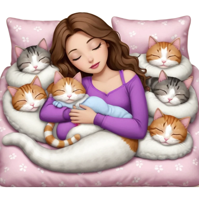 girl with long wavy brown hair, brown eyes, long lashes makeup, sexy pink lips, light to medium complexion,  sleeping on a cozy pillow, with 6 cats: 1 brown and white tabby cat, 1 ginger and white, 2 grey and white, 1 grey with white mittens and small white patch on chest and 1 calico, sleeping emoji