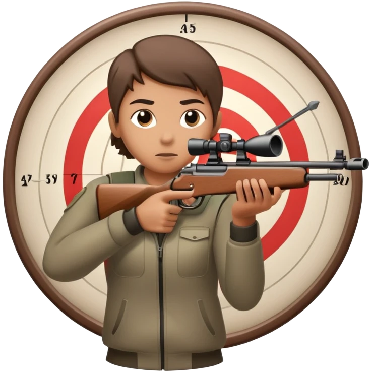 A focused shooter aiming a rifle at a target, standing in a shooting range with perfect posture. The target is in clear view, and the atmosphere is intense and precise, emphasizing concentration, accuracy, and discipline in the sport of shooting. emoji