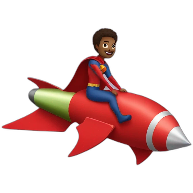 person dressed with a superhero cape but without mask is riding on a rocket emoji