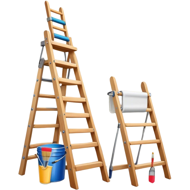 Create an icon that represents the hobby of wall painting. The design should feature a wall with a beautiful, frameless painting in progress. Include a paint bucket with brushes and rollers, as well as a wooden ladder, symbolizing the process of creating the artwork. The wall should have visible brush strokes, indicating the work in progress. The composition should be harmonious and balanced, reflecting both the artistic and practical aspects of wall painting. The background should be transparent. emoji