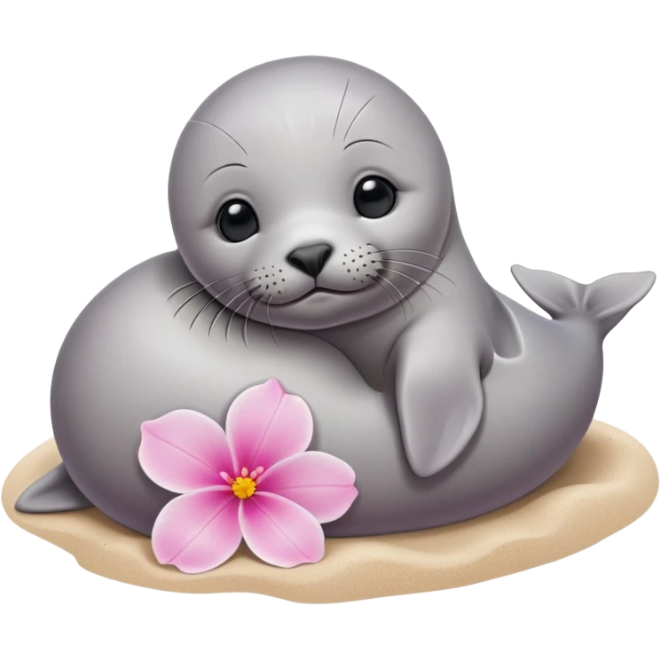 A small, slim baby seal resting gracefully on a sandy beach, with a delicate pink flower placed on its head.  Grey color emoji