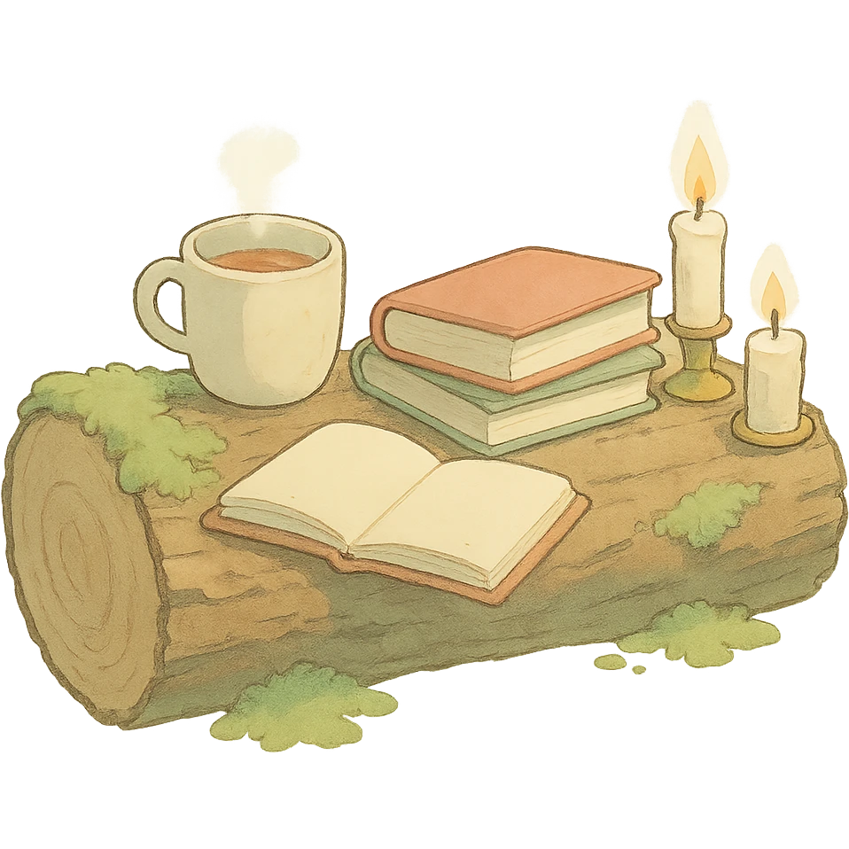 a log with tea, books, and candles, soft forest journaling mood, soft pastel colors, ghibli style emoji