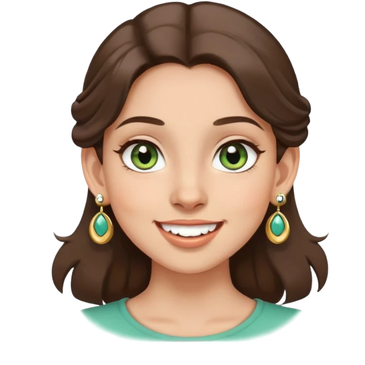 girl with gray-green eyes, brown hair, multiple earrings, mole on cheek, joyful expression emoji