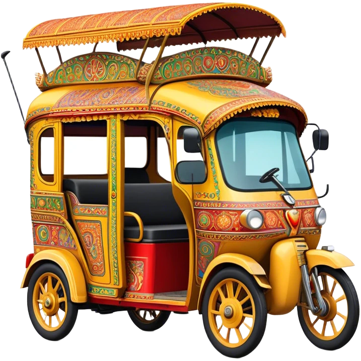 Cinematic Realistic Indian Auto Rickshaw Emoji, depicted as a colorful, bustling auto rickshaw with intricate designs and vibrant hues, rendered with lively textures and dynamic urban lighting that captures its quintessential presence in Indian cities. emoji
