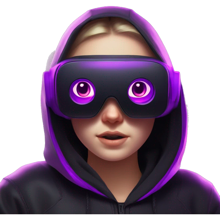 Russian girl wearing black hoody with violet letters "OMG", in vr headset oculus quest2. No eyes on headset. Cyberpunk style. Violet neon. emoji
