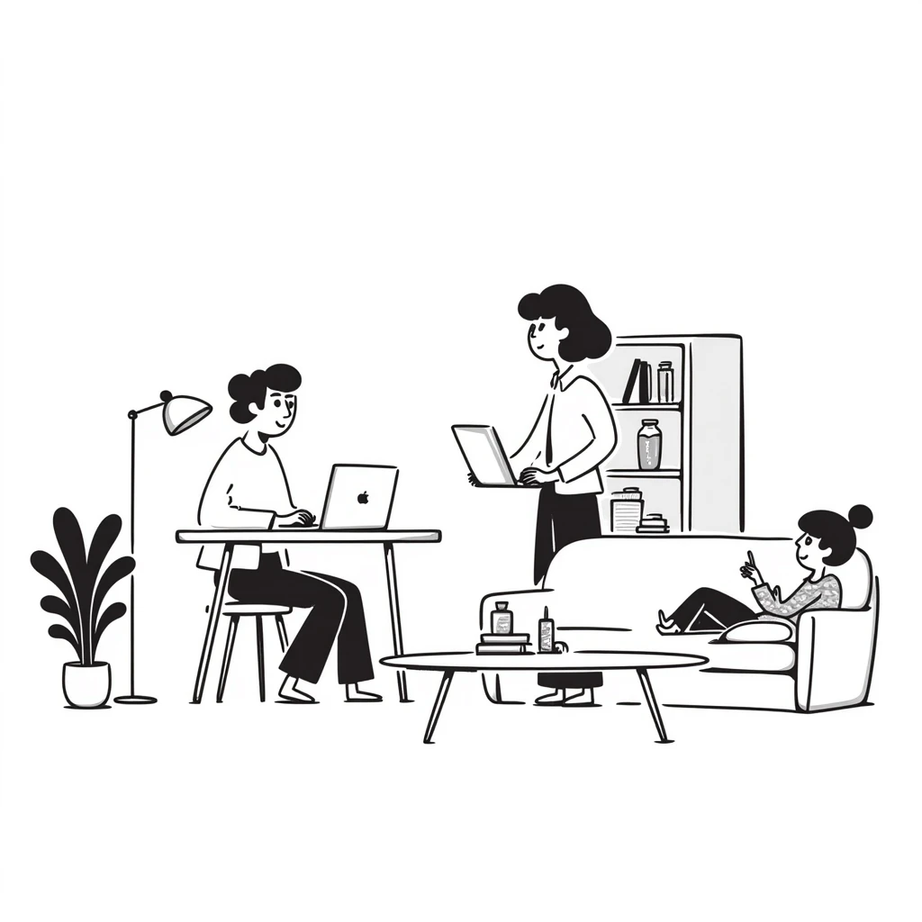 escenary 3d of a cozy mid-century living room with two people working on laptops, one man standing at a desk, and one woman sitting on a couch emoji