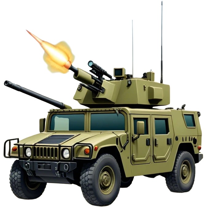 Humvee (2005) – Cinematic-realistic Humvee, its rugged olive-green frame bouncing over rough desert terrain. Soldiers grip their weapons tightly as the turret gunner scans the horizon, dust kicking up behind the armored vehicle under the blazing midday sun, with distant radio chatter crackling through the air. emoji