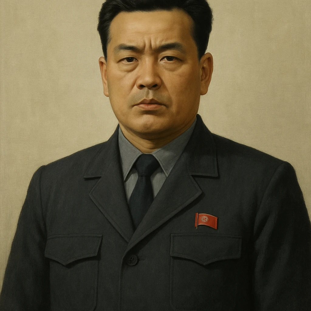 Portrait of a North Korean man, serious and stern, official portrait of a chief engineer at a shipyard, wearing formal dark clothing, neutral background, restrained style, DPRK propaganda style portrait, minimalist, masculine, confident gaze emoji