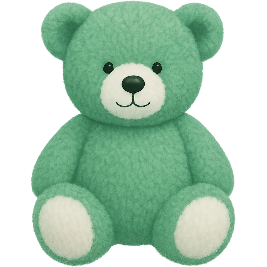 Change the teddy bear's fur to green and white, keep it soft and plush, no shadows, flat lighting, no background. The style should maintain the original look of the teddy bear in the image. emoji
