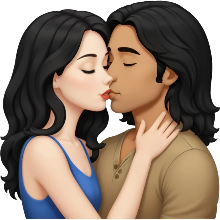 pale woman with long black hair, kissing a tan man with shoulder length wavy black hair emoji
