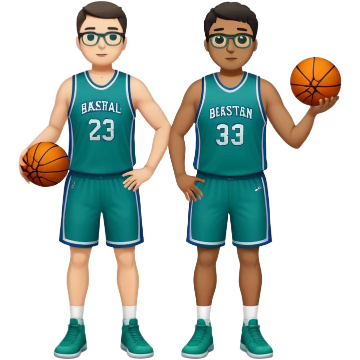 Full Body plus size tall white male with dark short hair basketball player wearing glasses wearing blue green uniform emoji