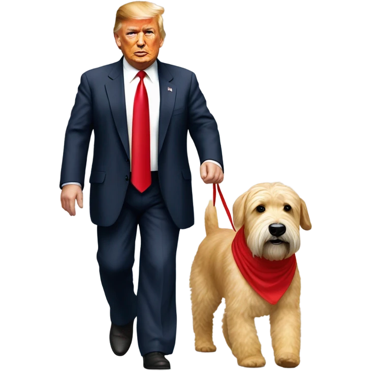 President Donald trump walking a wheaten terrier wearing a red bandana emoji