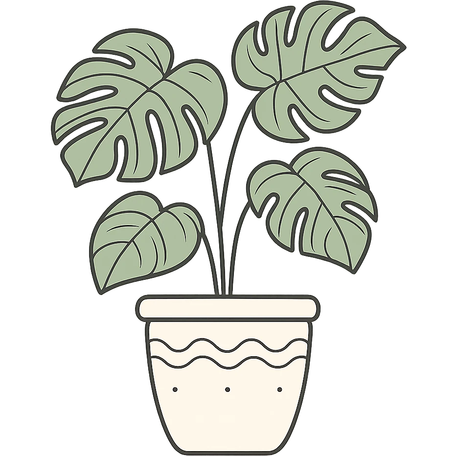A potted monstera plant with detailed leaves, gentle curves, and a simple decorative pot, minimalist home decor illustration emoji