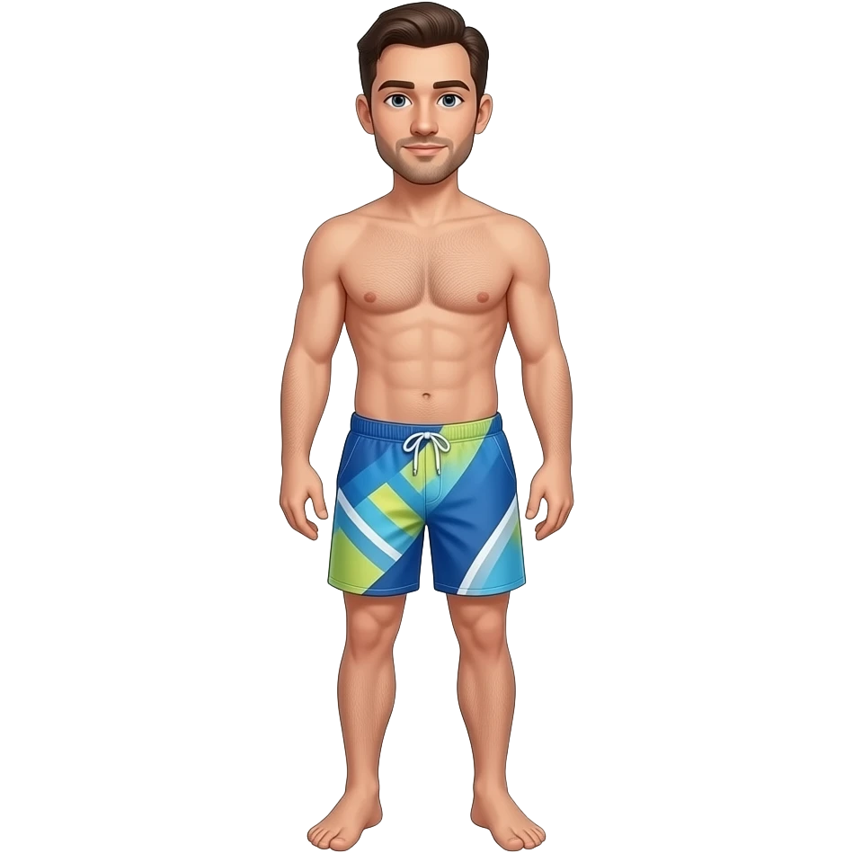 Caucasian man with feet wearing swim shorts emoji