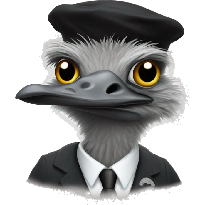 Emu with a black beret with the office of the judge advocate seal behind emoji