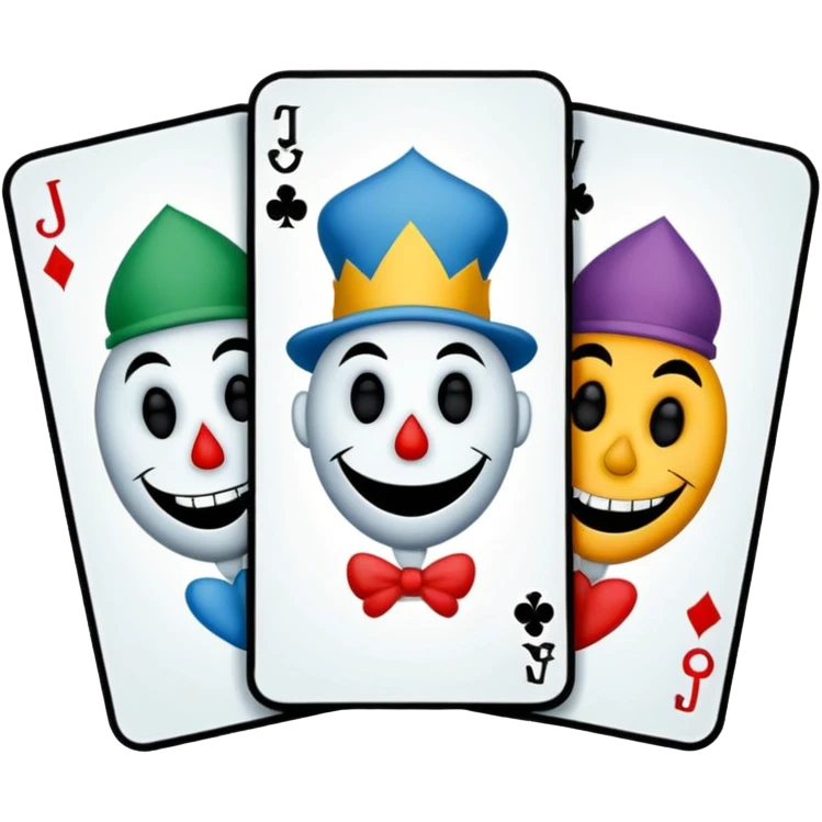 3 poker cards, with crazy colorful human jolly jokers inside, inversed face, cuphead style emoji