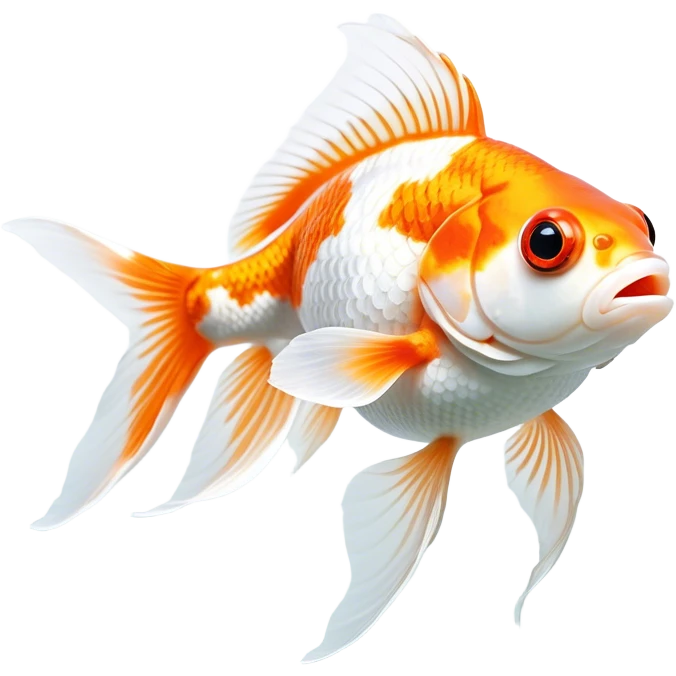 Cinematic Noble Orange and White Goldfish Portrait Emoji, Poised and regal, with a sleek, streamlined build and a vibrant body featuring a harmonious blend of orange and white hues, deep-set soulful golden eyes, Simplified yet sharp and sophisticated features, highly detailed, glowing with a soft, dignified glow, high shine, intelligent and graceful, stylized with an air of aquatic artistry, focused and attentive, soft glowing outline, capturing the essence of a watchful and confident aquatic companion, so majestic it feels as though it could glide out of the screen with effortless authority! emoji