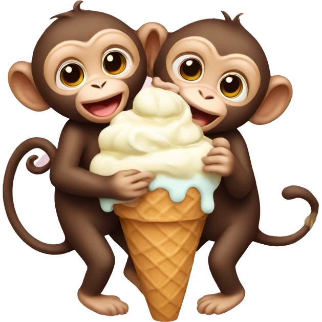 three baby monkeys hugging and eating ice cream  emoji
