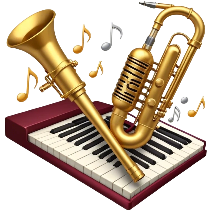 Create a vibrant emoji representing jazz vocal performance. The design should feature a vintage microphone, with musical notes swirling around it, symbolizing the improvisational and expressive nature of jazz singing. Add subtle elements like a jazz trumpet and saxophone in the background to represent the ensemble often accompanying jazz vocals. Include a set of piano keys or a grand piano in the design to reflect the jazz club atmosphere. Use warm, rich colors like deep gold, black, burgundy, and silver to create a soulful and elegant vibe. The background should be transparent. emoji