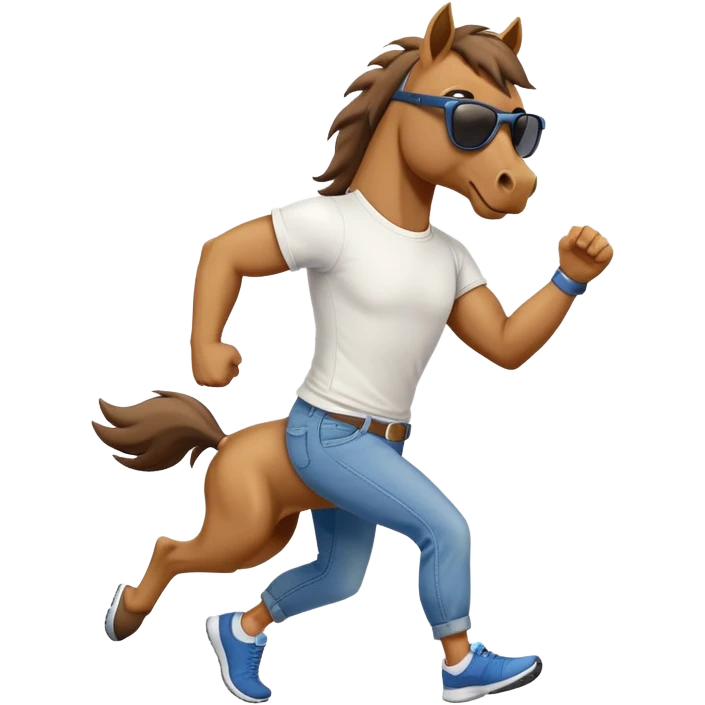 friendly anthropomorphised stallion in jeans and a t-shirt, wearing dark sunglasses, jogging upright in standard pose emoji