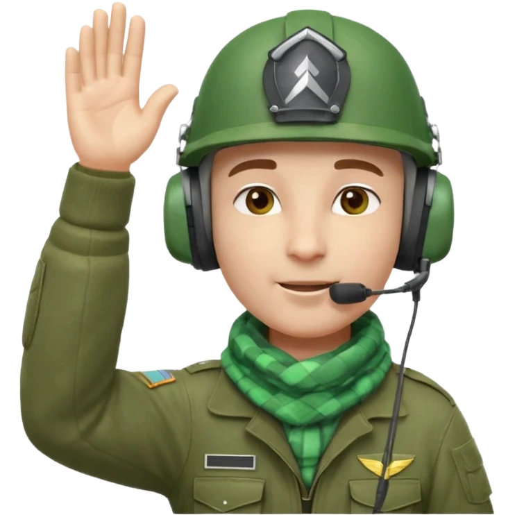 Soldier emoji head in green military helmet, large ear protectors, headset microphone, light green checkered scarf around neck, gray face, confident greeting pose with right hand raised in salute, vibrant colors, high detail on helmet textures and fabric, bust view, ultra-detailed PNG alpha channel emoji