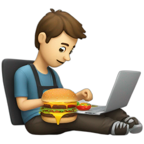 programmer with laptop eating burger emoji