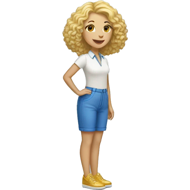 short blonde lady with blue shoes and golden doodle emoji