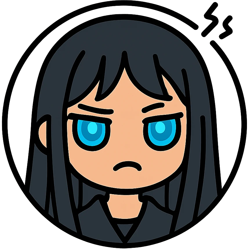 chibi cyberpunk girl with long straight black hair, large glowing neon-blue anime eyes, light peach skin, round face, small nose, soft cheeks, thin black line art, annoyed expression with small grimace and flat mouth, eyebrow raised in irritation, tiny squiggly lines near forehead, pure white background, inside a thin black circle emoji