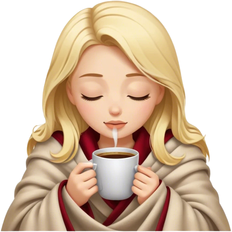 blonde girl inside a blanket sipping coffee eyes closed emoji