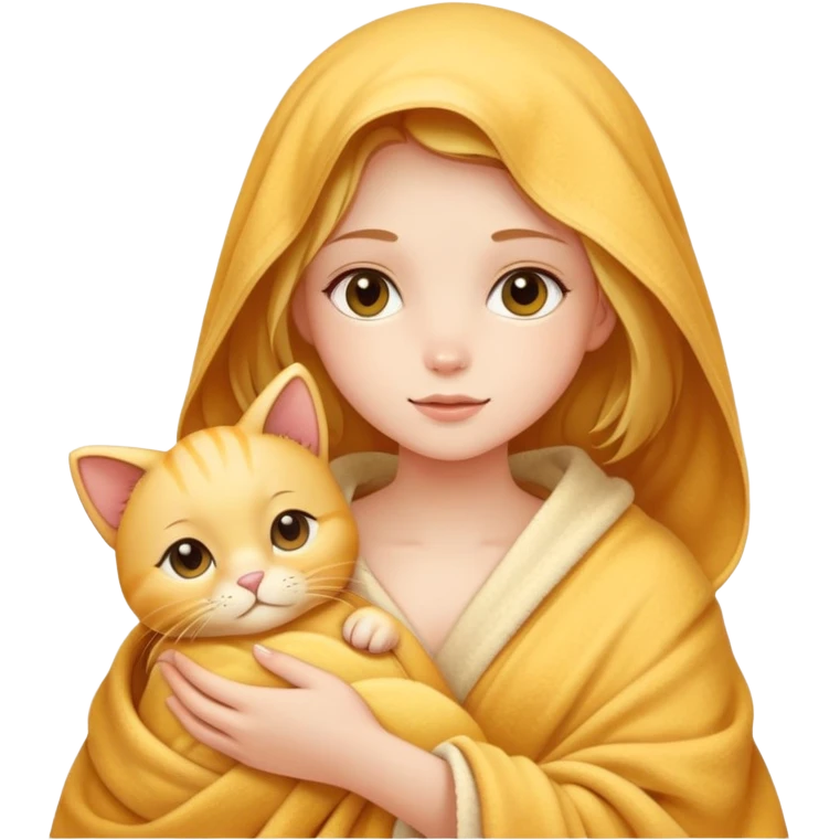 A beautiful girl with fair skin - just after taking a bath - wrapped in a blanket and holding a golden cat emoji