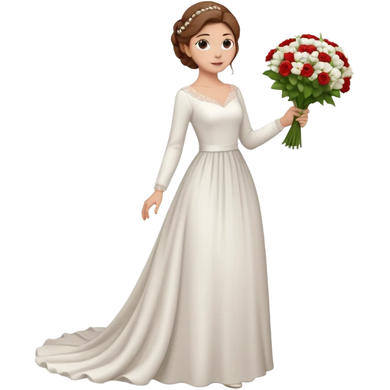 Chica blanca, cabello castaño, recogido en moño alto con mechones, vestido novia de manga larga, cuerpo entero, ramo de flores en una mano, cola trasera emoji