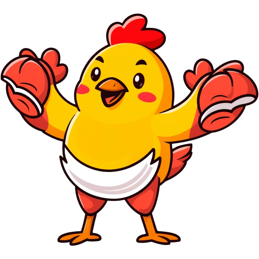 Four separate cute protein stickers: happy chicken breast with tiny arms, smiling red meat steak, cheerful salmon fillet, and joyful egg, each with little muscle arm flexing, showing their protein power emoji