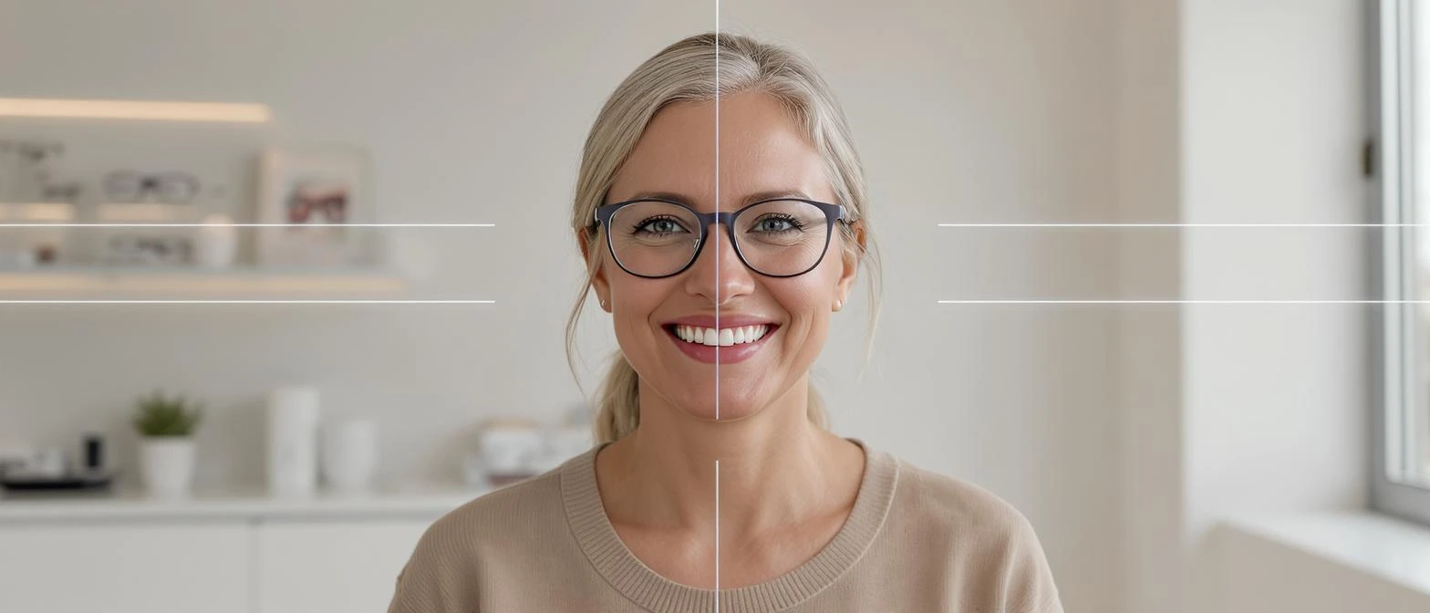 Cinematic still of a smiling european white woman with glasses smiling, minimalistic ophthalmologist interior in background, leading  lines, "rule of thirds" emoji