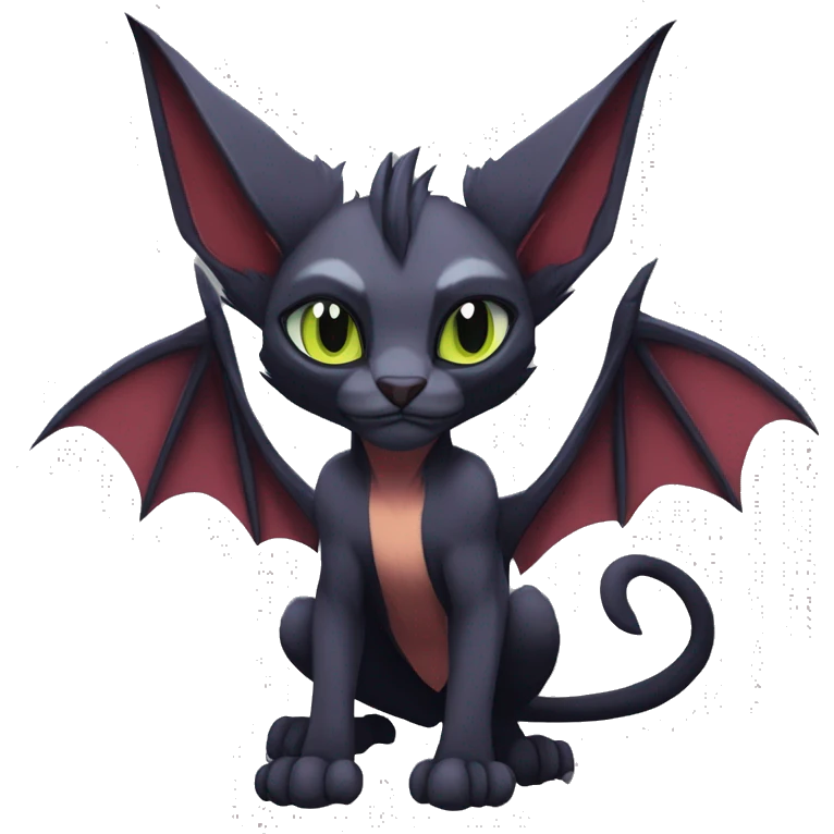 Black cool vampiric Noivern-Litten-Sphynx-Lykoi-Caracal-Fakemon with big bat ears full-body emoji