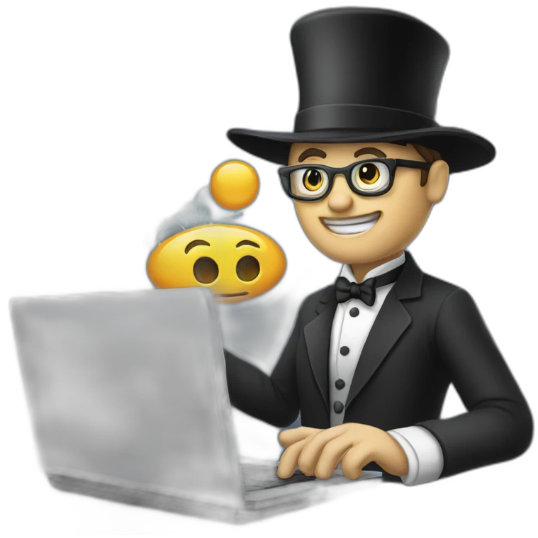 magician programming a laptop with an emoji of a truck on the laptop screen emoji