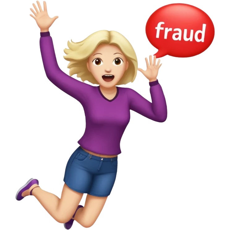 Woman jumping screaming and word “fraud” in a bubble emoji
