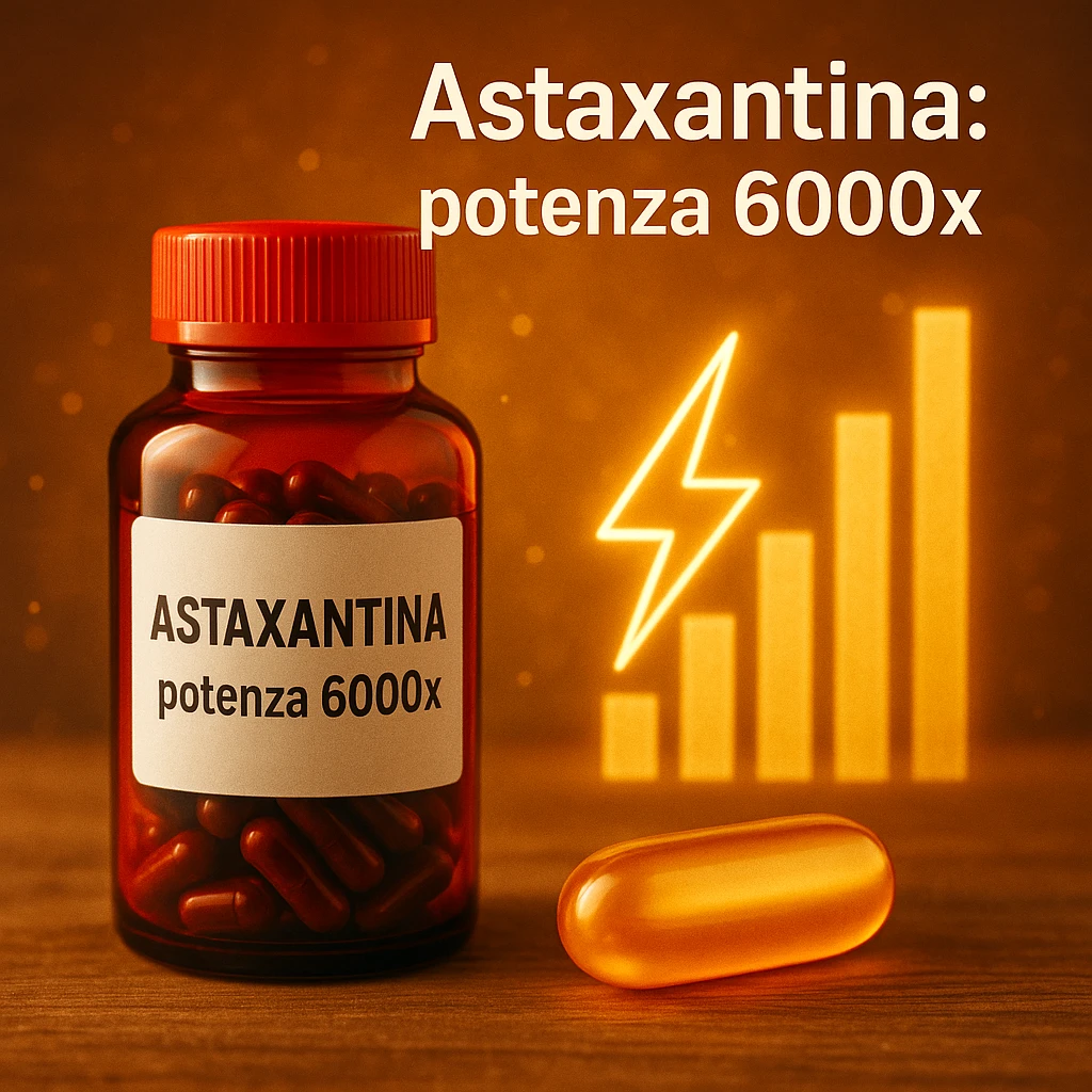hyper realistic Astaxantina with energy symbol, orange and golden capsule, red bottle, bar chart, text 'Astaxantina: potenza 6000x', motivational atmosphere emoji
