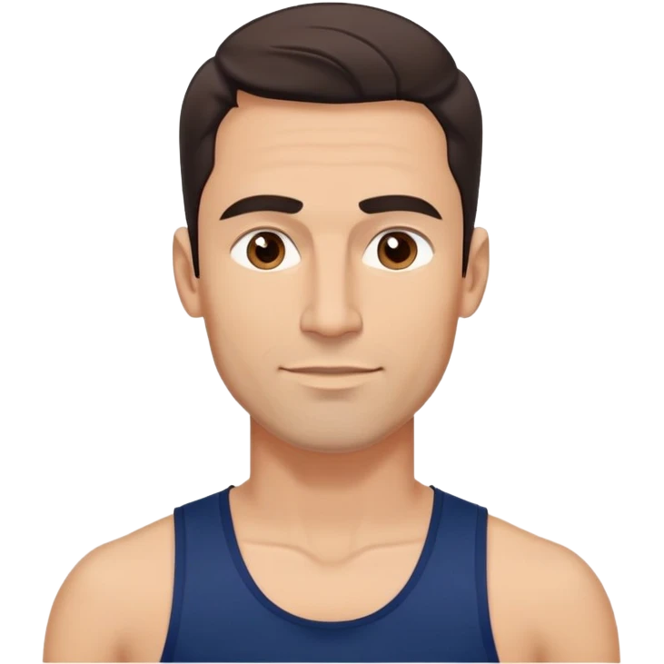 Youthful-looking athletic 40-year-old man with light brown skin, elongated face, defined jawline, attractive features, medium dark eyes, arched eyebrows, straight nose, confident expression, medium wavy dark hair with modern style, wearing a navy blue tank top emoji