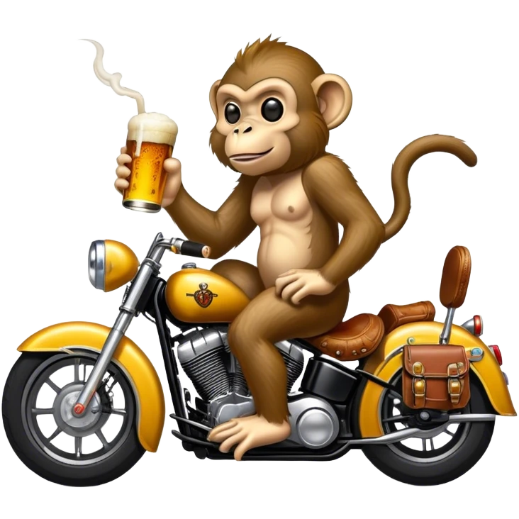 Monkey riding a Harley with a beer and a joint emoji