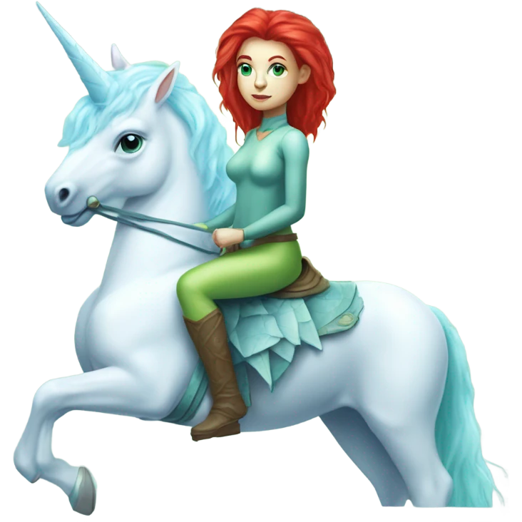 [(a light green Amazon alien woman with red hair with blue eyes) on a (four-legged white unicorn with a light blue mane)] emoji