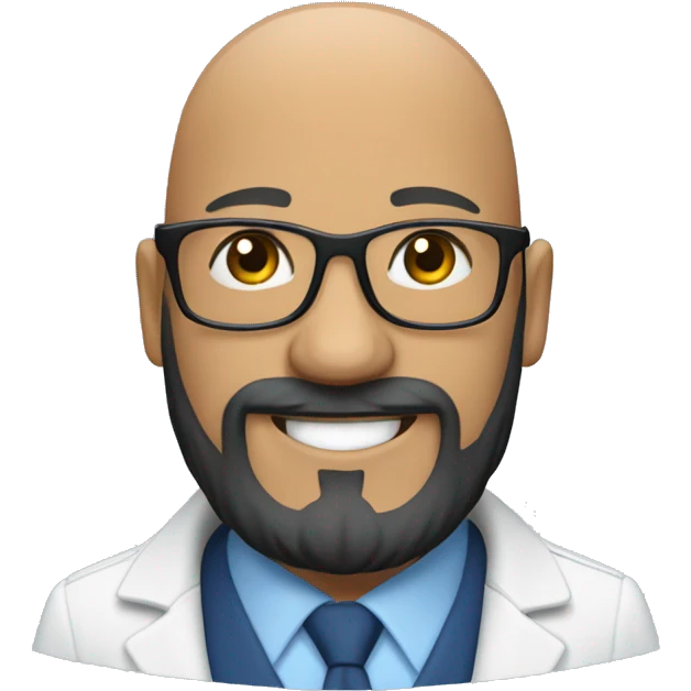 Bald man smiling with glasses and big bushy blac beard with. Wearing a white shirt and a blue coat emoji