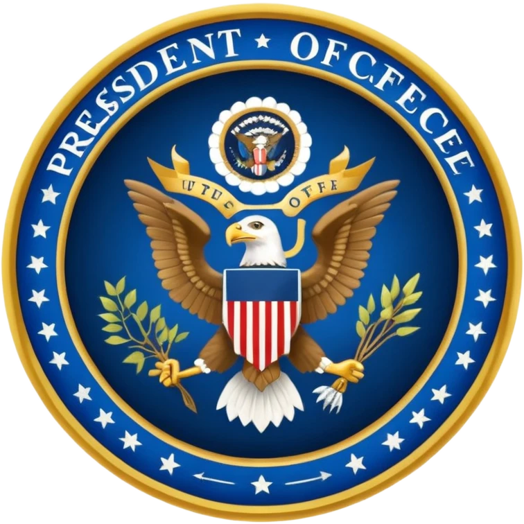 Presidential seal with eagle in the center holding vines and arrows, the center of the seal is blue and the outline is gold with blue letters that say THE PRESIDENT OFFICE OF THE emoji